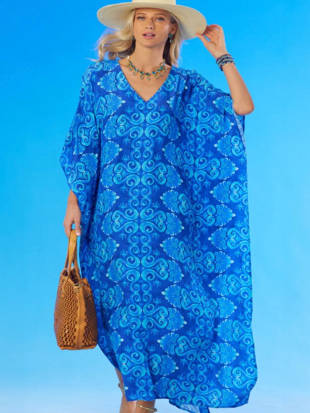 NicoBlu Thetis Long Kaftan Dress Mediterranean Blue M Viscose Relaxed Fit V-Neck